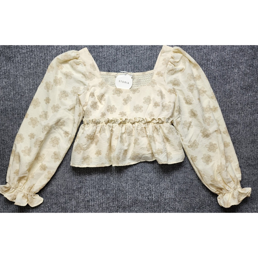 Storia Floral Puff Sleeve Crop Top Cream Tan Smocked Back Peplum Blouse S New